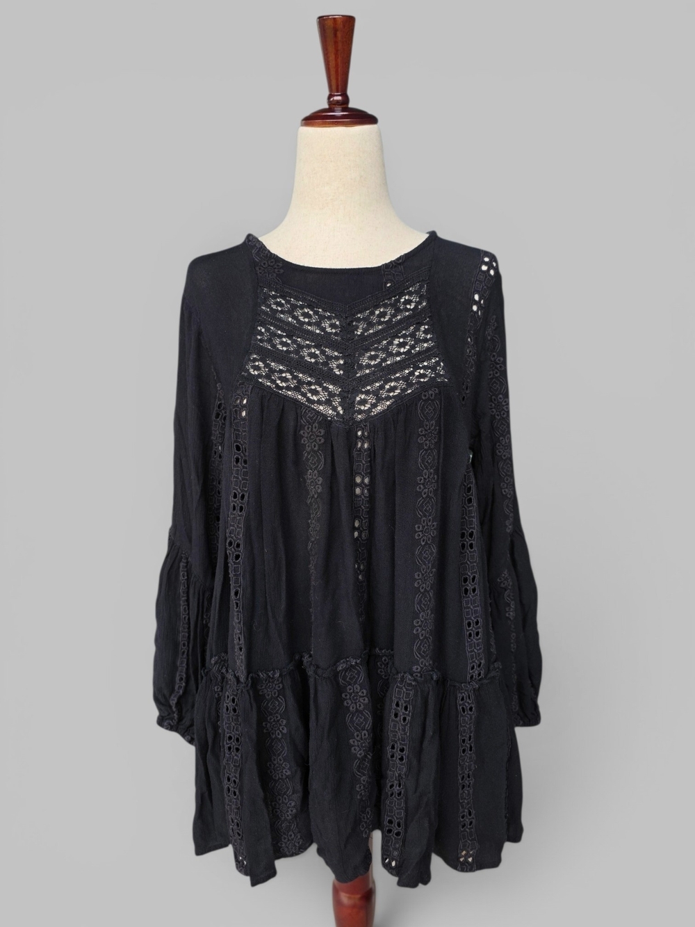 Free People Boho Eyelet Mini Dress Tunic Open Back Laced Black
